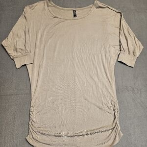 Made By Johnny Beige Dolman Short Sleeve Top Rouched Hem Size L
